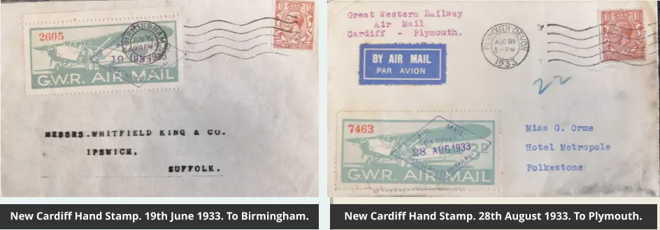 New Cardiff Hand Stamp. 19th June 1933. To Birmingham. New Cardiff Hand Stamp. 28th August 1933. To Plymouth.