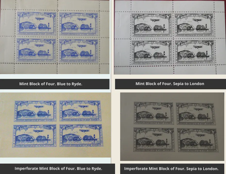Mint Block of Four. Blue to Ryde. Mint Block of Four. Sepia to London Imperforate Mint Block of Four. Blue to Ryde. Imperforate Mint Block of Four. Sepia to London.