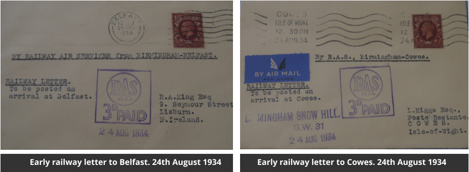Early railway letter to Belfast. 24th August 1934  Early railway letter to Cowes. 24th August 1934