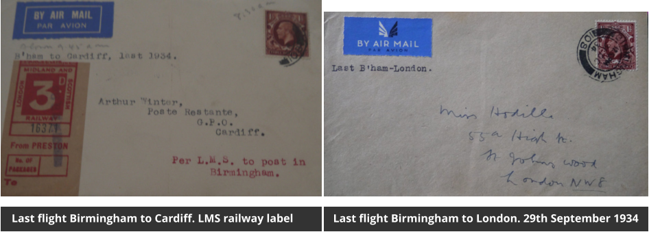 Last flight Birmingham to Cardiff. LMS railway label Last flight Birmingham to London. 29th September 1934