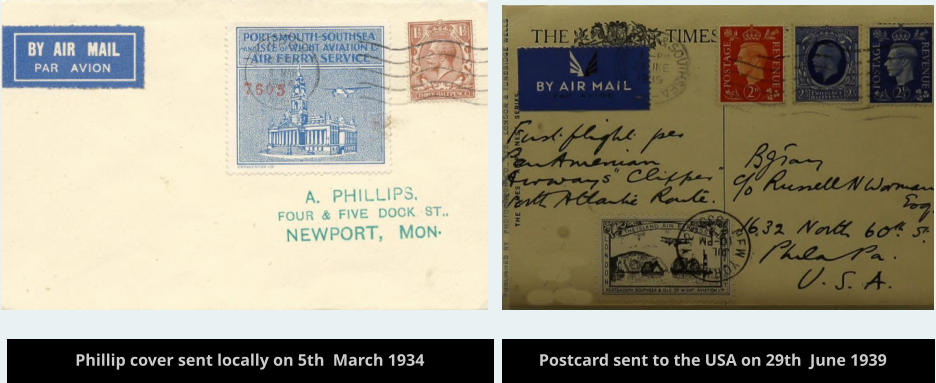 Phillip cover sent locally on 5th  March 1934 Postcard sent to the USA on 29th  June 1939